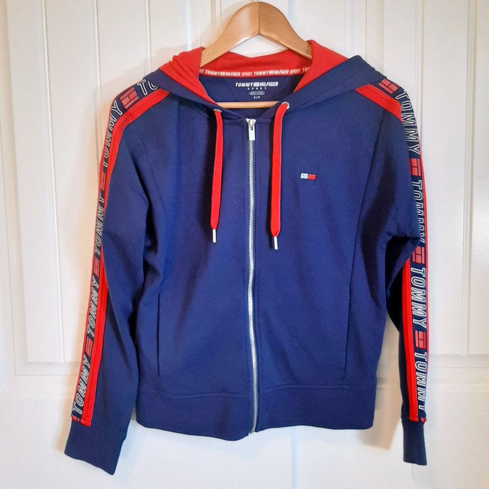 TOMMY HILFIGER SPORT NWOT Navy "TOMMY" Stripe Sleeve Full Zip Hoodie S